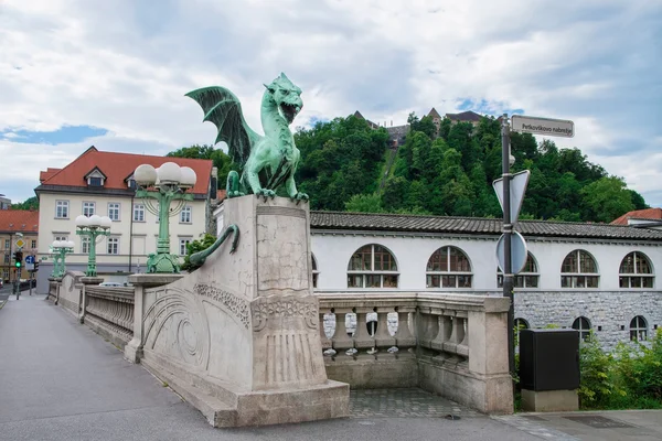 Dragon Bridge and castle in Ljubljana, capital of Slovenia