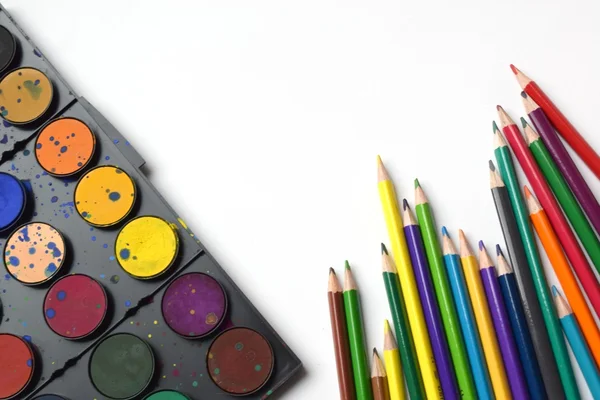 Watercolor paints palette with pencils rainbow line. Copyspace b