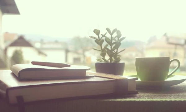 Books with Plant and Cup of Coffee on Windowsill