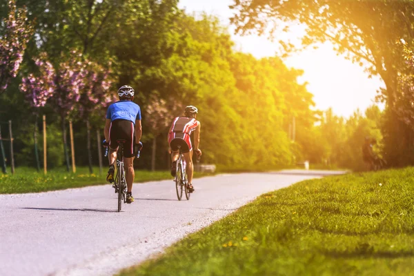 Bike path and the couple in Danube - Vienna, Autria