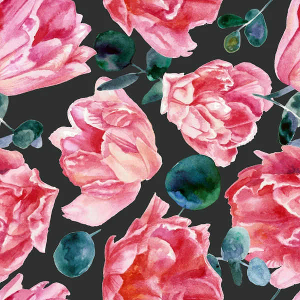 Colorful floral pattern, pink tulips isolated on black background. Watercolor painting