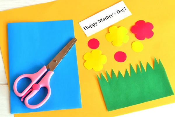 Scissors, set for card, paper flowers, words Happy mother\'s day - kids paper crafts