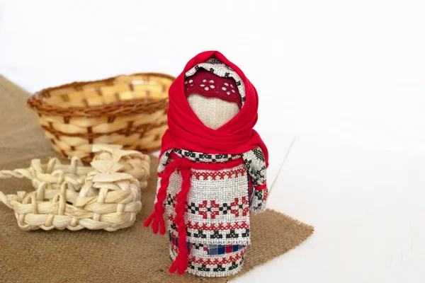 Ukrainian doll Motanka, sandals and basket on burlap. Ethnic Doll souvenir. Slavic doll Motanka. Gift Idea