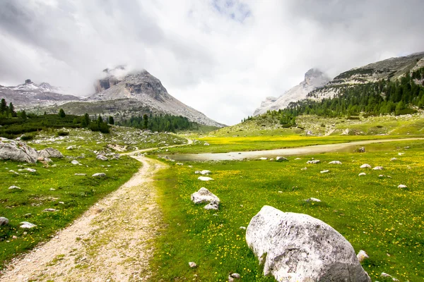 An alpine route through green valleys surrounded by the mountains and snow picks