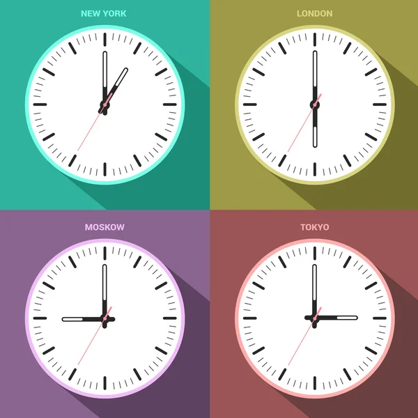 Time zone clocks for four different countries against white background