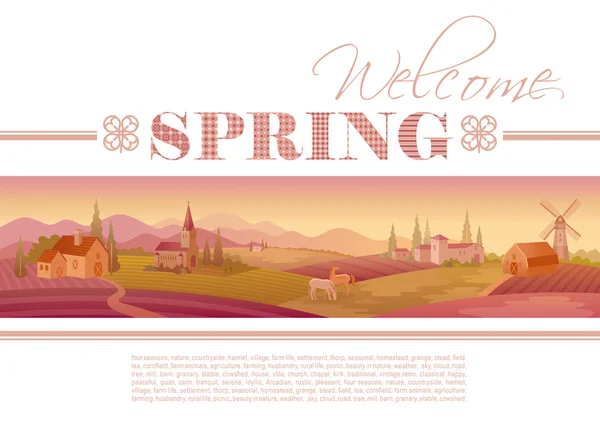 Idyllic farming landscape flayer design with text logo Welcome Spring and fields background. Villa houses, chirch, barn, mill, horses and country roads. Four seasons year calendar collection.