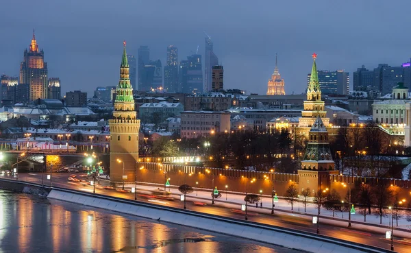 Top view Moscow Kremlin, Ministry of Interior, Moscow City in winter night