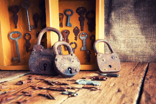 Boxes with old keys and padlocks