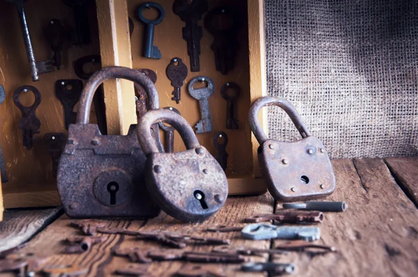 Boxes with old keys and padlocks