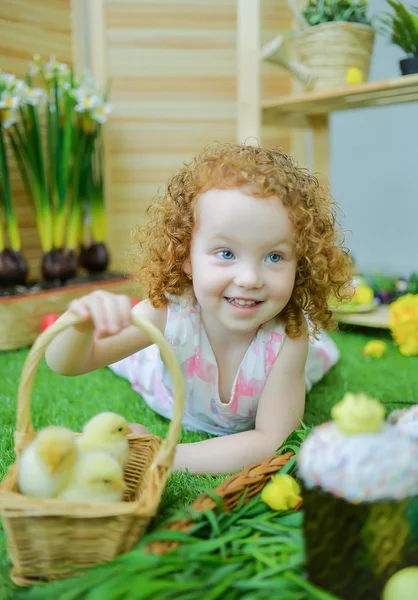 Red-haired blue-eyed girl is happy and smiling to two little chicks in a basket