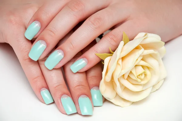 Rose and mint manicure on a square shape nail