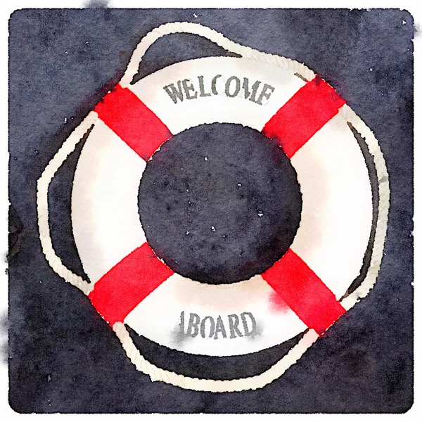 Watercolor painting of a lifebuoy with red stripes