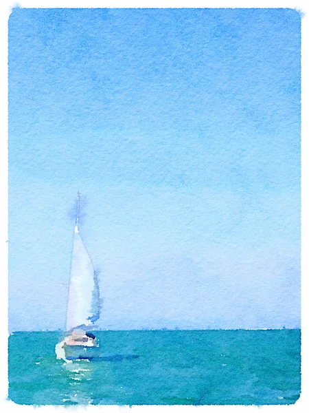 Watercolor painting of a sailing boat in the sea with sails up,