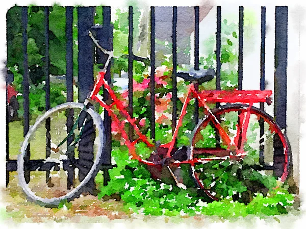 Watercolor of ladies red Dutch bicycle leaning against gate