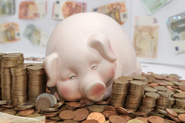 Piggy bank surrounded by coins