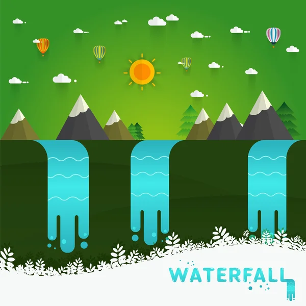 Landscape illustration. Mountain river, waterfall