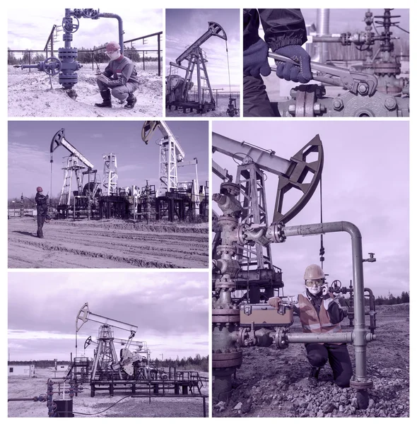 Collage consisting of pictures of pump jack,man engineer near well head, another man talking on the radio, woman engineer repairing weel head.