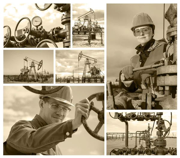 Collage consisting of pictures of oil rig, wellhead, man engineer near wellhead valve, woman engineer repairing wellhead