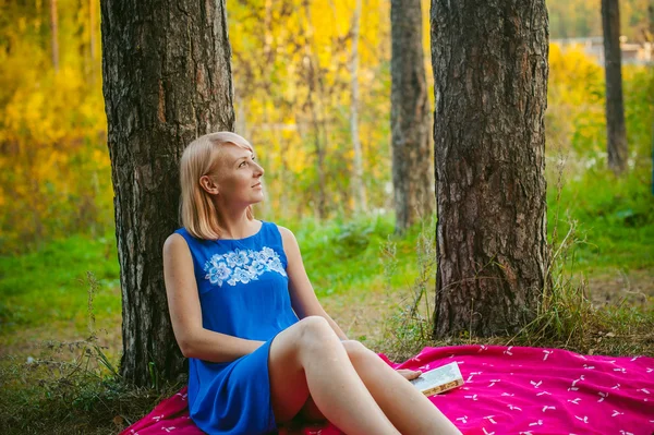 Blonde girl in a blue dress sitting on a red blanket on top of the green grass, reading a book in the middle of pine forest trees