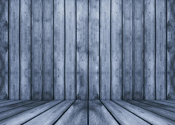 Old grunge texture wooden interior room for present product, perspective wooden floor and wall, blue filtered image