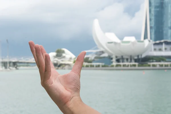 Hand like the ArtScience Museum in the foreground.