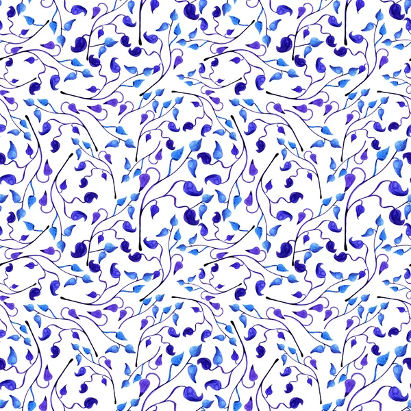 Hand painted watercolor blue leaves seamless floral pattern