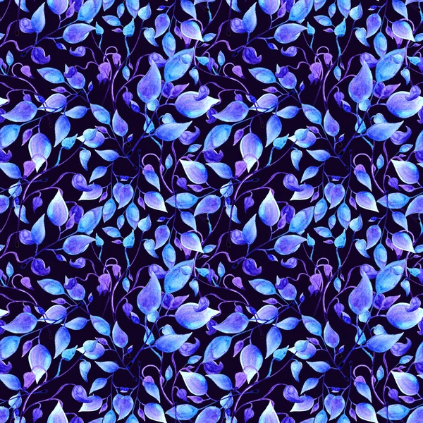 Hand painted watercolor blue leaves seamless floral pattern
