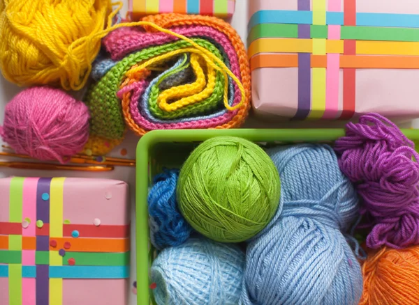 Balls of colored yarn. View from above. All the colors of the ra