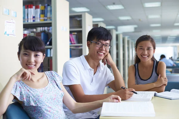 Young college students study together in the library