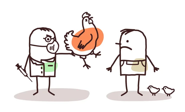 Cartoon doctor and farmer with sick chicken