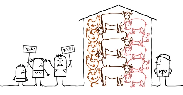 Cartoon people saying NO to intensive  production of meat