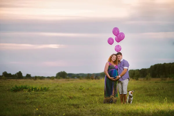 Happy and cheerful couple with a dog and red balloons in a field at sunset. The woman is pregnant. Toning