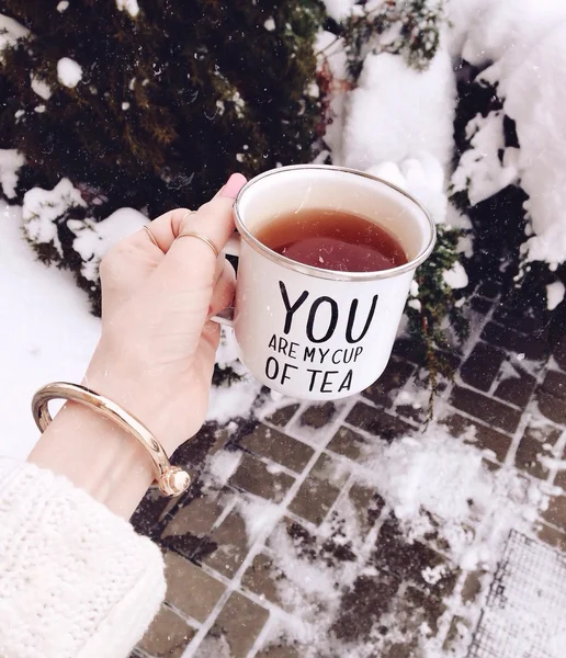 Tea, teatime, teacup, winter, snow, girl, fashion, cold, accessories, sweater, white, cup, atmosphere, morning, life