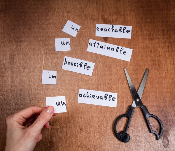 Self motivation concept. Negative words cut with scissors.