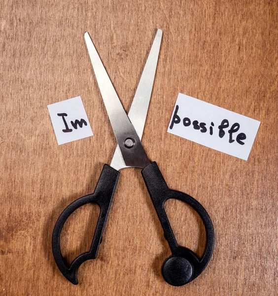 Self motivation concept. Scissors and word impossible