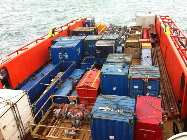 Full loaded deck of offshore tug supply vessel ahts