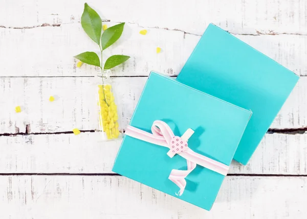 Two gift boxes with heart shaped pin and plant in vase