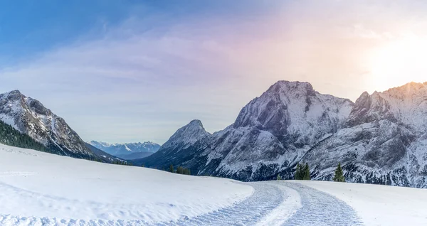 Alpine panorama with  snowy road
