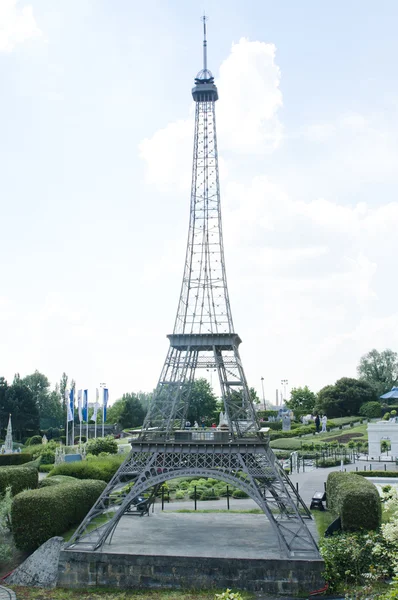 BRUSSELS, BELGIUM - 13 MAY 2016: Miniatures at the park Mini-Europe - reproductions of monuments in the European Union at a scale of 1:25. Eiffel Tower, Paris, France