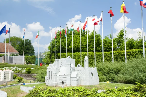 BRUSSELS, BELGIUM - 13 MAY 2016: Miniatures at the park Mini-Europe - reproductions of monuments in the European Union at a scale of 1:25. Flags of the European Union