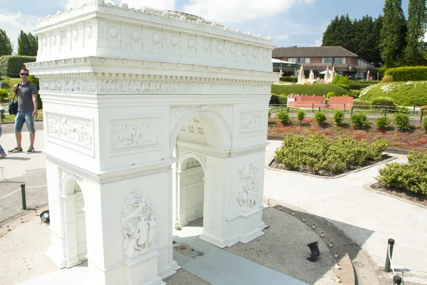 BRUSSELS, BELGIUM - 13 MAY 2016: Miniatures at the park Mini-Europe - reproductions of monuments in the European Union at a scale of 1:25. Triumphal Arch, Paris, France.