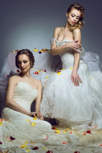 Portrait of two young beautiful European brides in exclusive wedding gowns