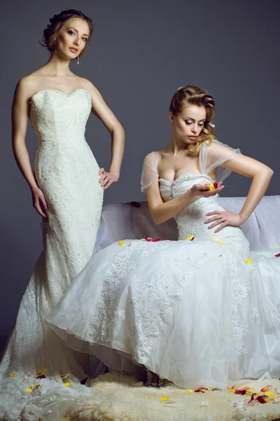 Portrait of two young beautiful European brides in exclusive wedding gowns.