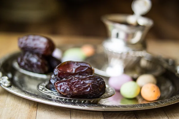 Dried Date fruit with tea / Medjool / Ramadan food.