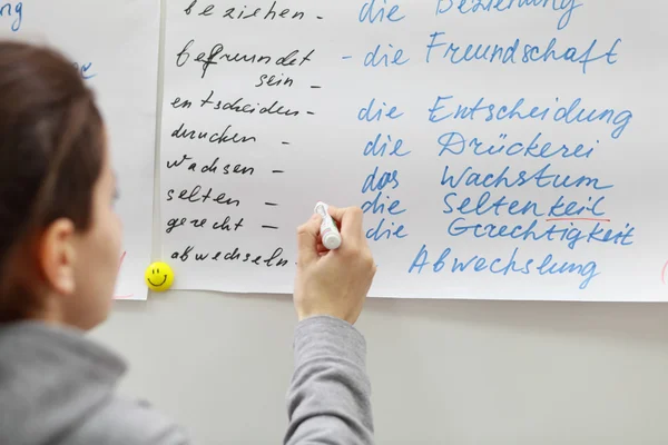 Student writes a word in the German language