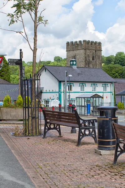 Llandysul town centre showing police station and church