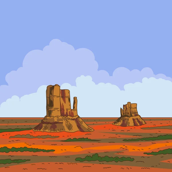 Prairie landscape with blue sky and clouds. Vector illustration.