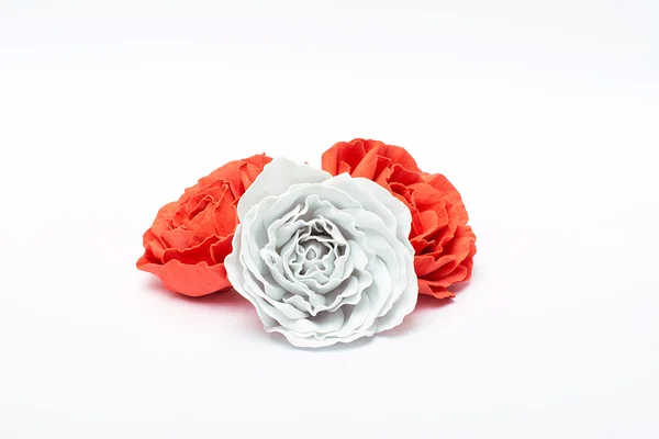 White and red roses handmade on white background
