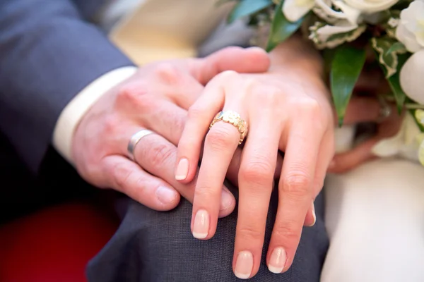 Bride and groom hands with rings