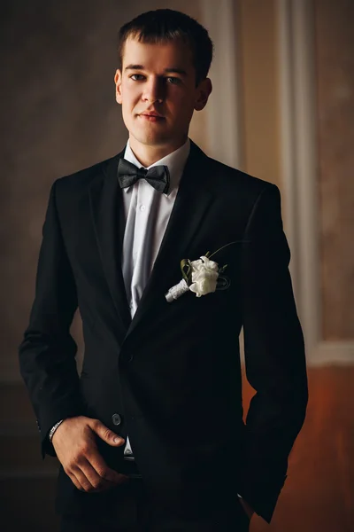 Gorgeous smiling groom. Handsome man in a suite
